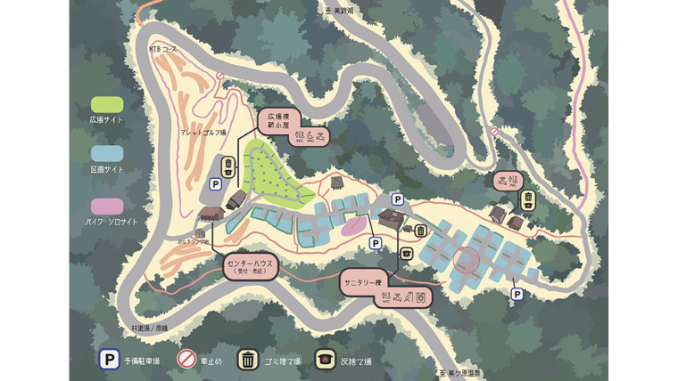 松本市美鈴湖もりの国オートキャンプ場のキャンプ場内地図（マップ）